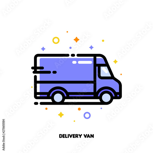 Icon of delivery van which symbolizes local delivery service or fast shipping for shopping and retail concept. Flat filled outline style. Pixel perfect 64x64. Editable stroke