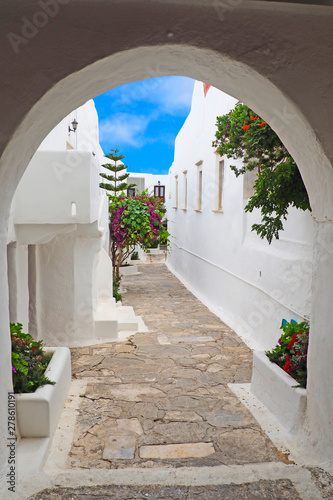 Fototapeta Naklejka Na Ścianę i Meble -  famous Panagia Tourliani Monastery, in the village of Ano Mera, in the center of Mykonos, beautiful Cycladic island in the heart of the Aegean Sea