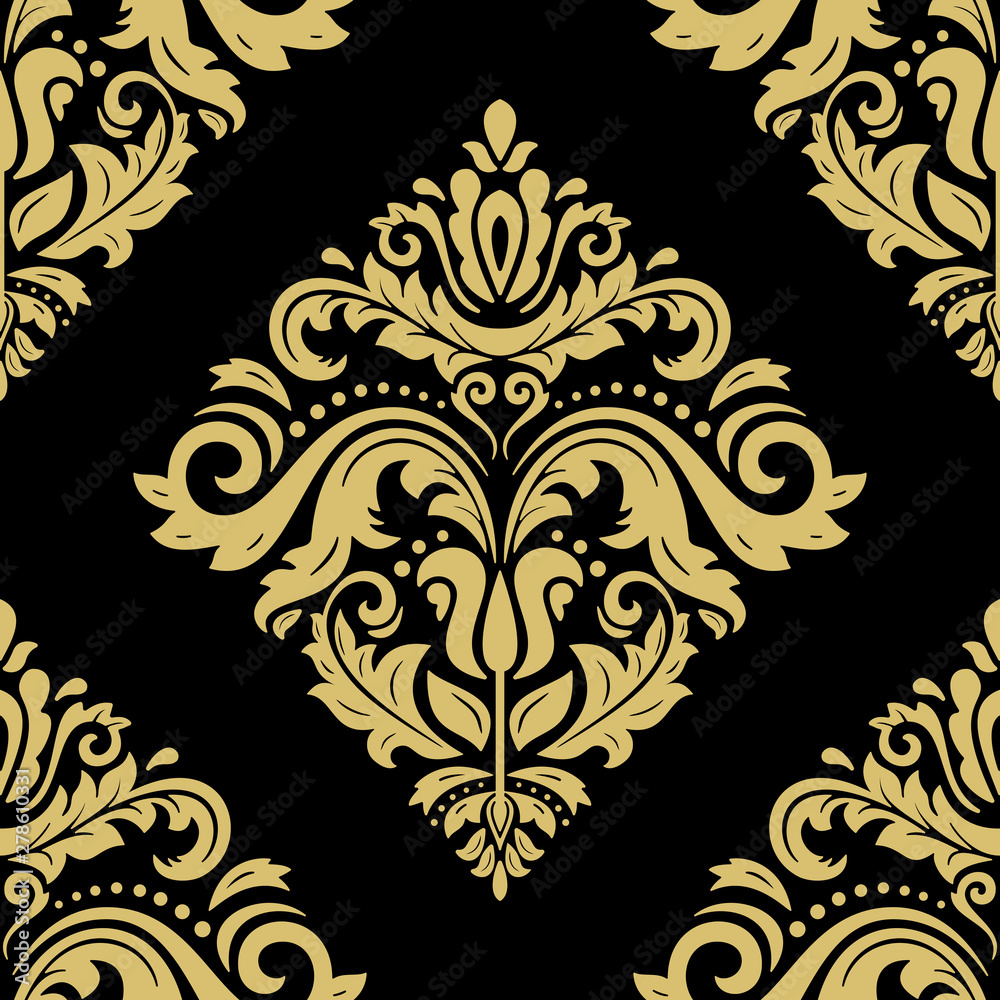 Classic seamless vector pattern. Damask orient black and golden ornament. Classic vintage background. Orient ornament for fabric, wallpaper and packaging