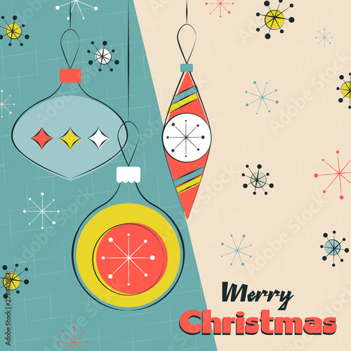Merry Christmas card of retro ornament baubles