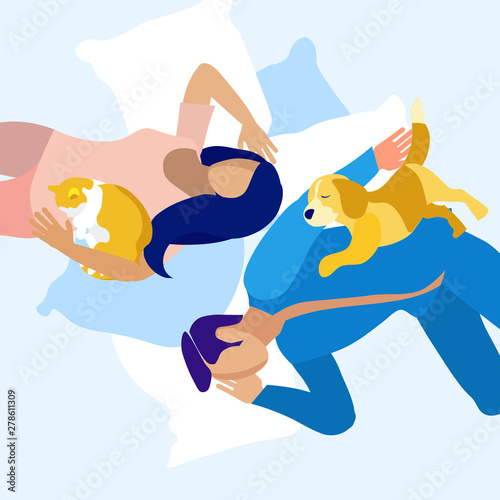 Man and Woman Sleeping with Pets Illustration