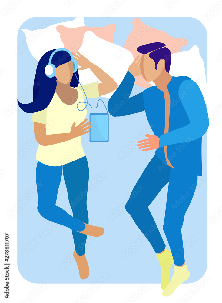 Couple Lying in Bed and Having Rest Flat Cartoon Couple Lying in Bed and Having Rest Flat Cartoon