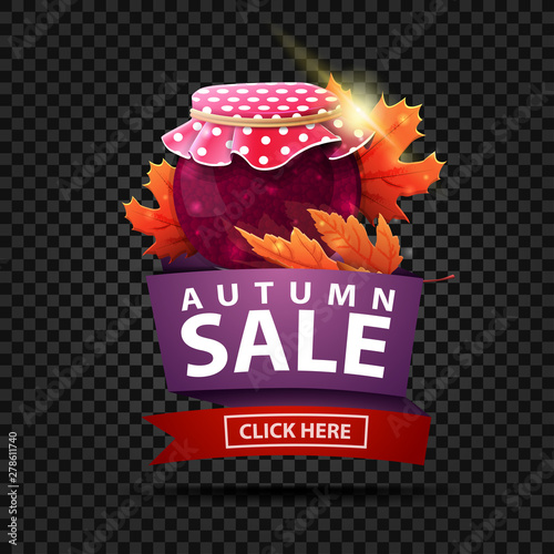 Autumn sale, discount web banner in geometric style with jar of jam and maple leaves