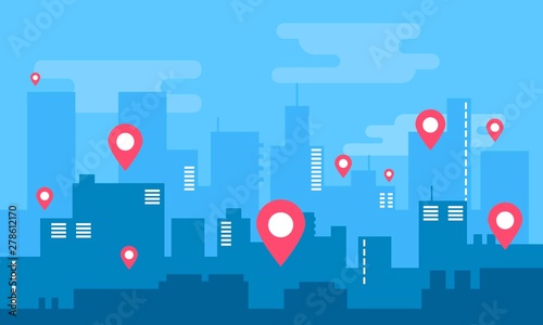 City landscape. Modern building architecture Urban cityscape skyline. Buildings silhouette with location pin. Big city streets. Vector illustration. Buying, selling and renting apartment app