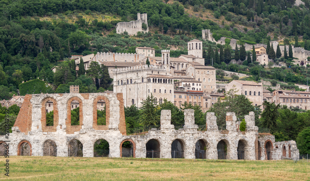 Fototapeta premium Gubbio, Italy. Amazing view of the ruins of the Roman theater and the city. It is one of the most beautiful small town in Italy