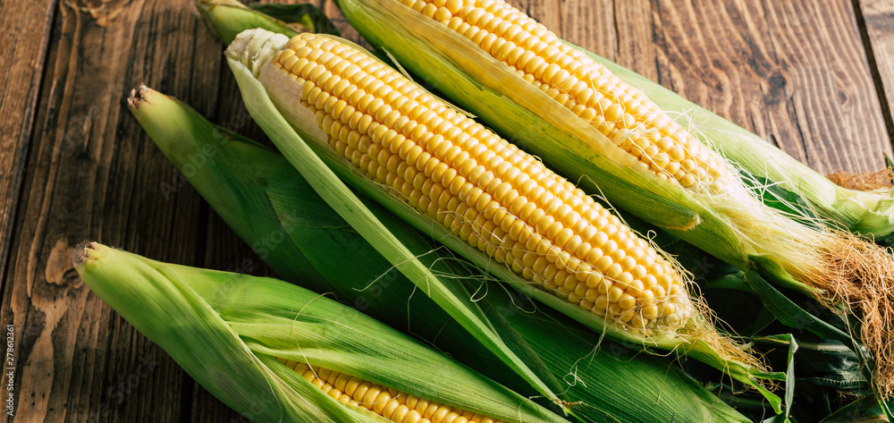 Fresh corn on the cob on a wooden background, long banner - obrazy, fototapety, plakaty 