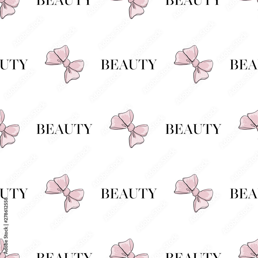 Cute seamless pattern with beautiful hand drawn pink bows and text