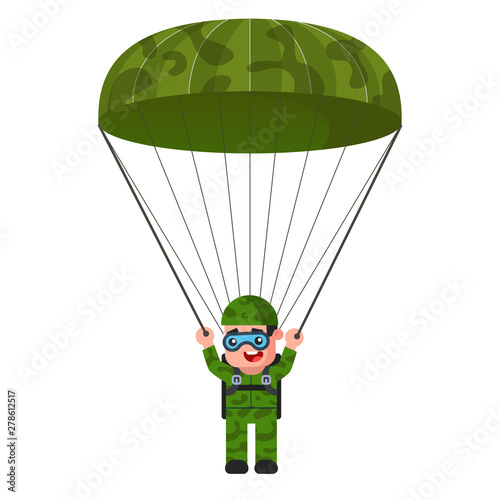 skydiver in khaki military uniform. parachute