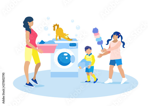 Mother and Children Doing Housework Illustration