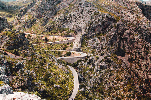 Beautiful twisty and curvy mountain roads on a bright sunny day. Mirador Coll dels Reis Serra de Tramuntana, Mallorca, Spain , Balearic Islands