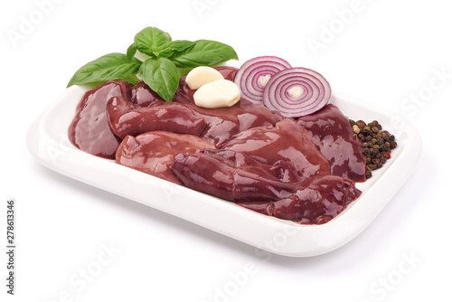 Fresh chicken livers, raw offal, ingredients for cooking, close-up, isolated on white background