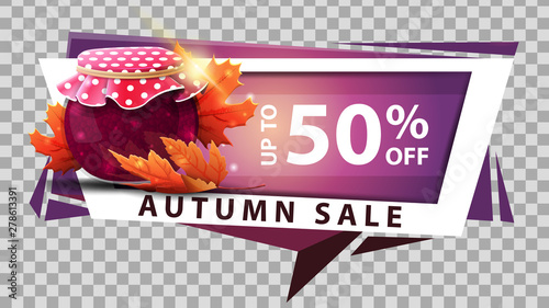 Autumn sale, discount web banner in geometric style with jar of jam and maple leaves