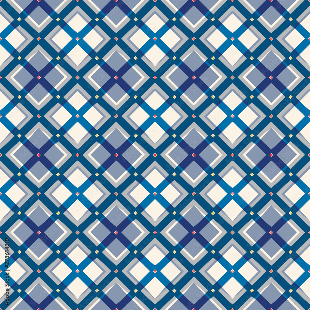 MODERN ABSTRACT GEOMETRIC VECTOR SEAMLESS PATTERN. BACKGROUND WALLPAPER ILLUSTRATION WITH DIAGONAL RECTANGLES, RHOMBUSES, STUDS, EYELETS AND STRIPES.