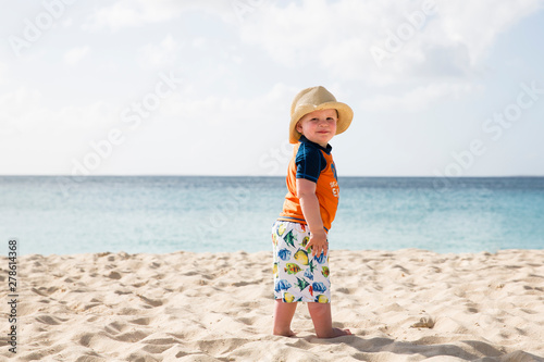 Toddler Boy Wearing Straw Hat in front of Caribbean Ocean on Vacation photo