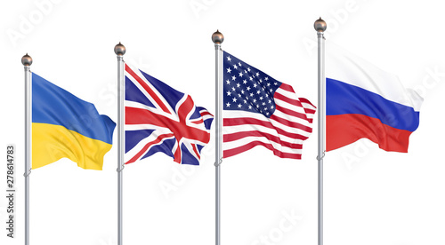 Flags of United States of America, United Kingdom, Russia, and Ukraine. Budapest Memorandum on Security Assurances. 3D illustration isolated on white. – Illustration.