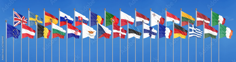 Silk waving 28 flags of countries of European Union. Blue sky background. 3D illustration. - Illustration Silk waving 28 flags of countries of European Union. Blue sky background. 3D illustration. - Illustration