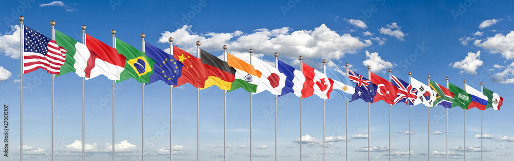 Waving flags countries of members Group of Twenty. Big G20 in Japan in 2020 . Blue sky background. 3d rendering.  Illustration.