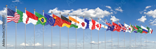 Waving flags countries of members Group of Twenty. Big G20 in Japan in 2020 . Blue sky background. 3d rendering.  Illustration.