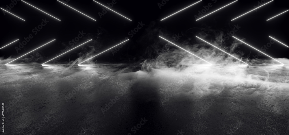 Smoke Futuristic Neon Lights Laser White Glowing Modern Retro Sci Fi Elegant Spaceship Club Night Dark Garage Underground Grunge Concrete Reflections Abstract Beams 3D Rendering