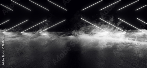 Smoke Futuristic Neon Lights Laser White Glowing Modern Retro Sci Fi Elegant Spaceship Club Night Dark Garage Underground Grunge Concrete Reflections Abstract Beams 3D Rendering
