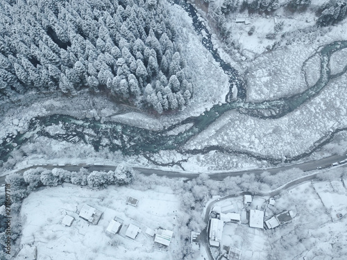 Aerial view of frozen Beas River in Manali photo