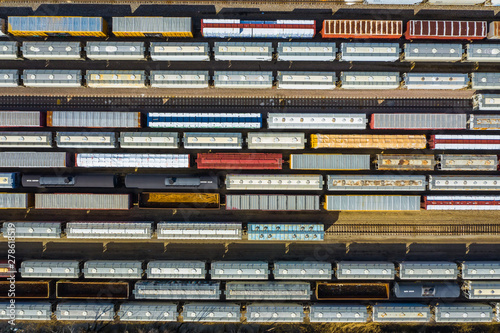 Aerial view of rail cars waiting at a staging railyard station in Aurora, IL - USA photo