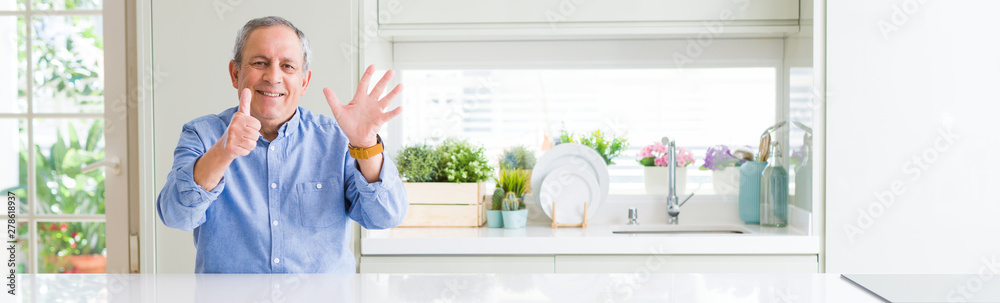 Wide angle perspective of handsome senior man at home showing and pointing up with fingers number six while smiling confident and happy. Wide angle perspective of handsome senior man at home showing and pointing up with fingers number six while smiling confident and happy.