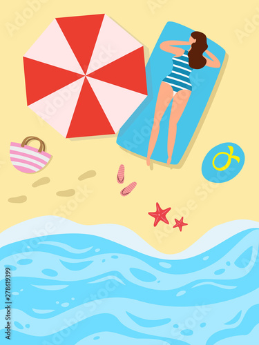 Cartoon background of sea shore with woman.