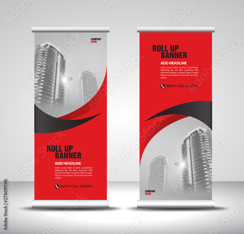 Red Roll up banner template vector, banner, stand, exhibition design, advertisement, pull up, x-banner and flag-banner layout, abstract background