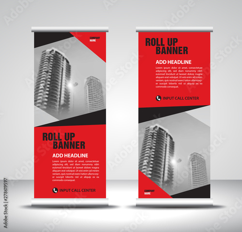 Red Roll up banner template vector, banner, stand, exhibition design, advertisement, pull up, x-banner and flag-banner layout, abstract background