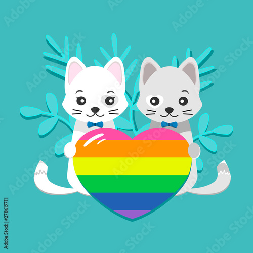 Beautiful vector illustration of LGBT flowers. Two cats with a rainbow heart on an isolated background. Vector illustration for greeting card or poster.