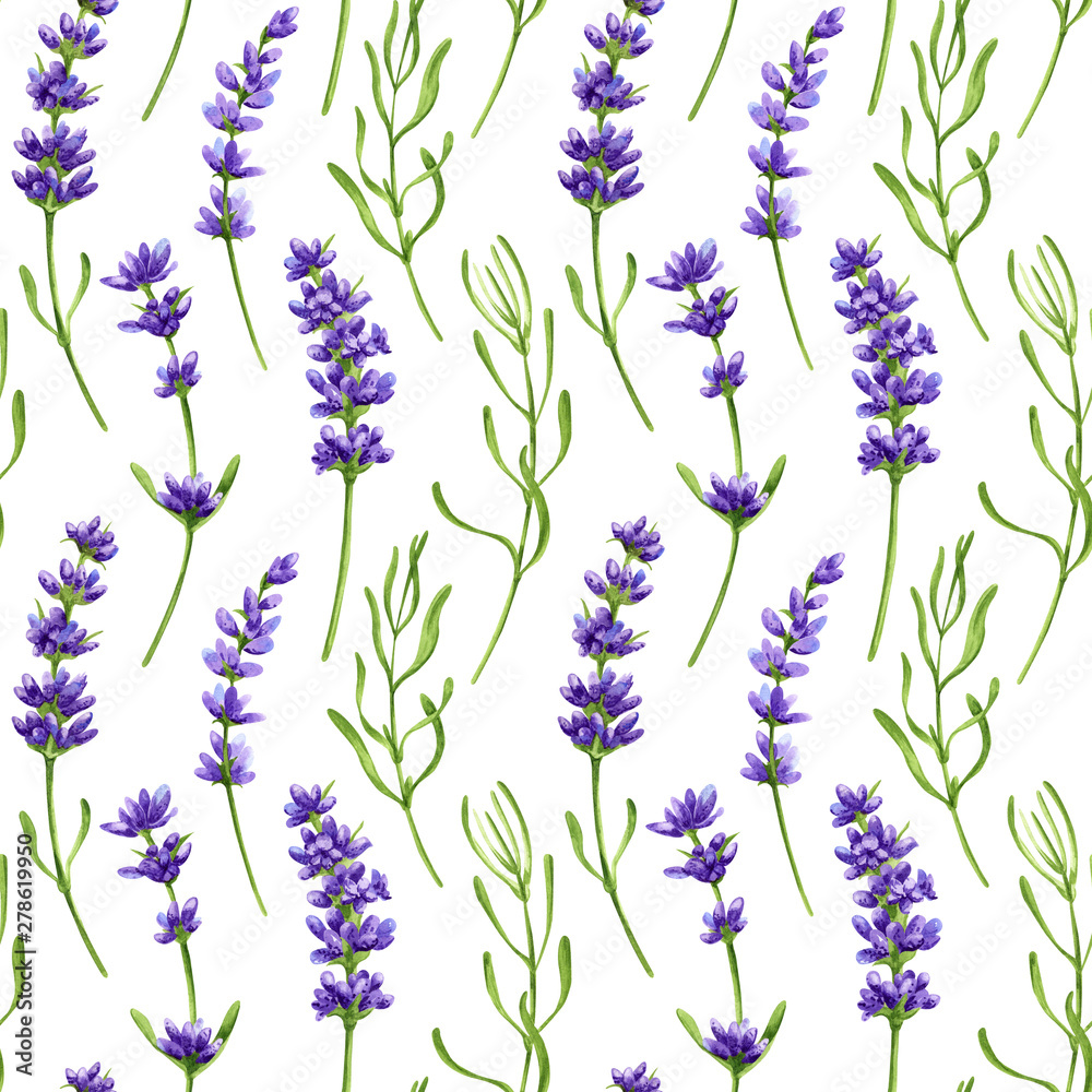 Watercolor seamless pattern in retro style with violet lavender flowers and leaves. Decorative floral background for a wedding or branding design in purple and green colors
