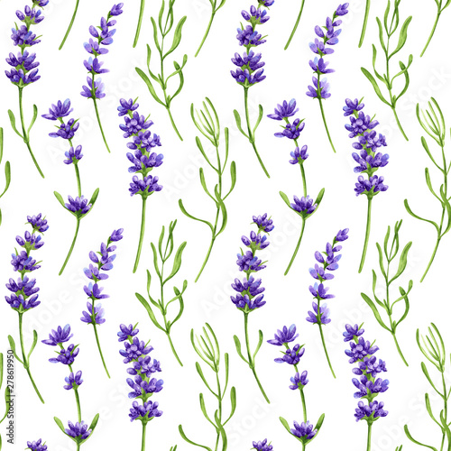 Watercolor seamless pattern in retro style with violet lavender flowers and leaves. Decorative floral background for a wedding or branding design in purple and green colors