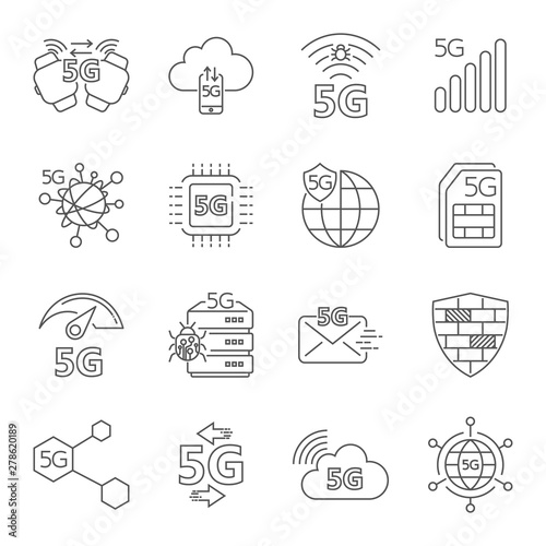 5G technology wireless, 5g network, mobile communication 5th generation, 5g mobile internet. Set of linear vector icons. Thin line. Editable Stroke. EPS 10.