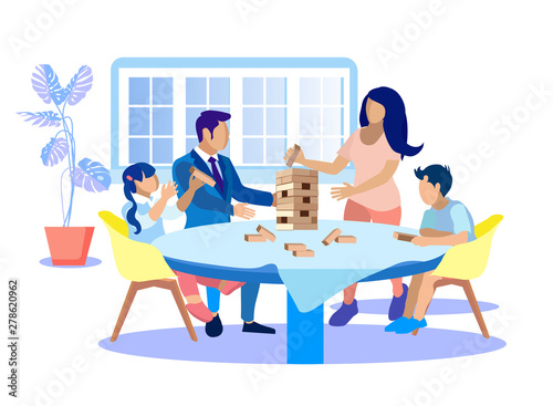 Happy Family Playing Jenga at Home Flat Cartoon