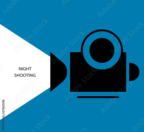 Flat design. Invitation, advertising, background. Silhouette of a camcorder on a blue background. Night shot. - Vector.