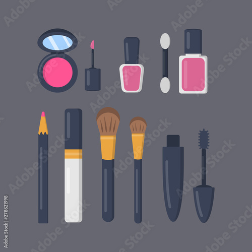 Make up cosmetics set of vector icons in cartoon style. Lipstick and pomade fashion makeup collection. Beauty salon and woman cosmetic magazine illustrations.