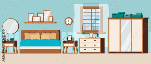 Bedroom with furniture and window view of winter landscape with frozen lake.