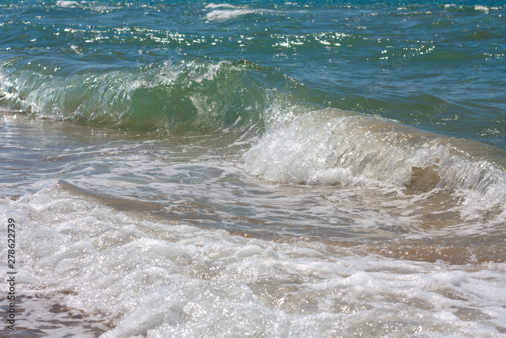 Fototapeta premium Moving sea waves breaking against sandy shore