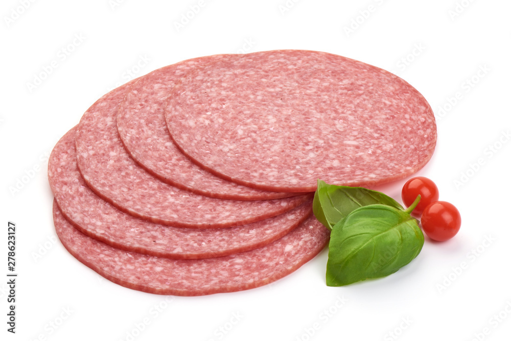 Thin salami sausage slices with basil leaves, close-up, isolated on white background Thin salami sausage slices with basil leaves, close-up, isolated on white background