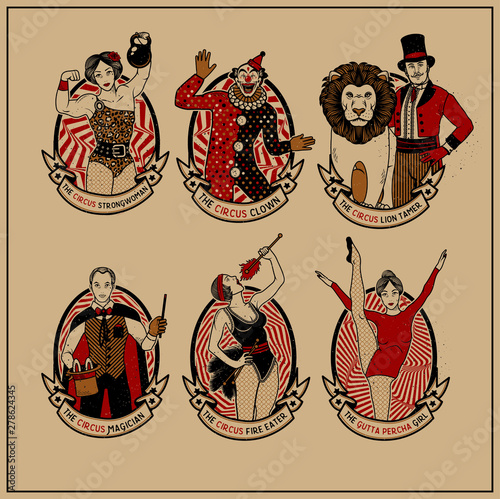 Circus Vintage Collection. The Lion Tamer, The Clown, The Circus Strong Woman, The Circus Magician, The Circus Fire Eater, The Gymnast Girl. Vector illustration.