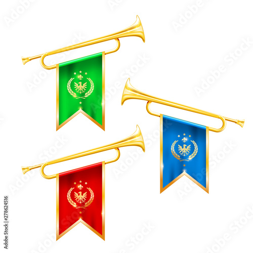 Fanfare trumpets with flags, glory and fame symbol, gold trumpets