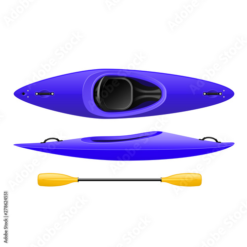 Plastic kayak for rafting and tourism, blue canoe top view with paddle