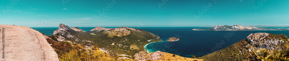 Nature panorama view of the mountain coastline with wide ocean views on a bright summer day at a hiking spot. Cala Figuera, Cap de Formentor, Serra de Tramuntana, Mallorca, Spain , Balearic Islands