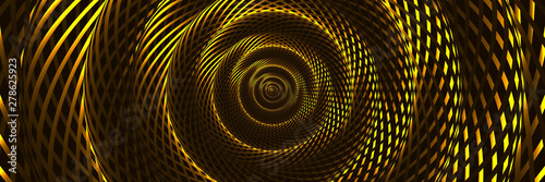 Abstract Curved Spiral Background. Golden Metallic Rotating Hypnotic Pattern. Raster. 3D Illustration