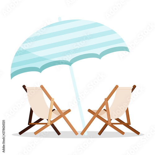 Summer holiday icon: two wooden beach chaise longues with blue beach umbrella icon isolated on white background.