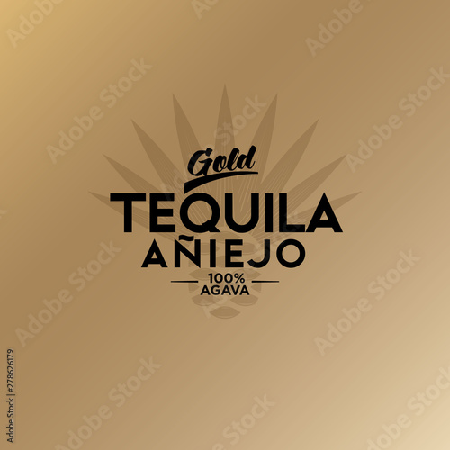 Tequila emblem. Blue Agave Tequila logo. Vintage letters and agave plant on gold background.