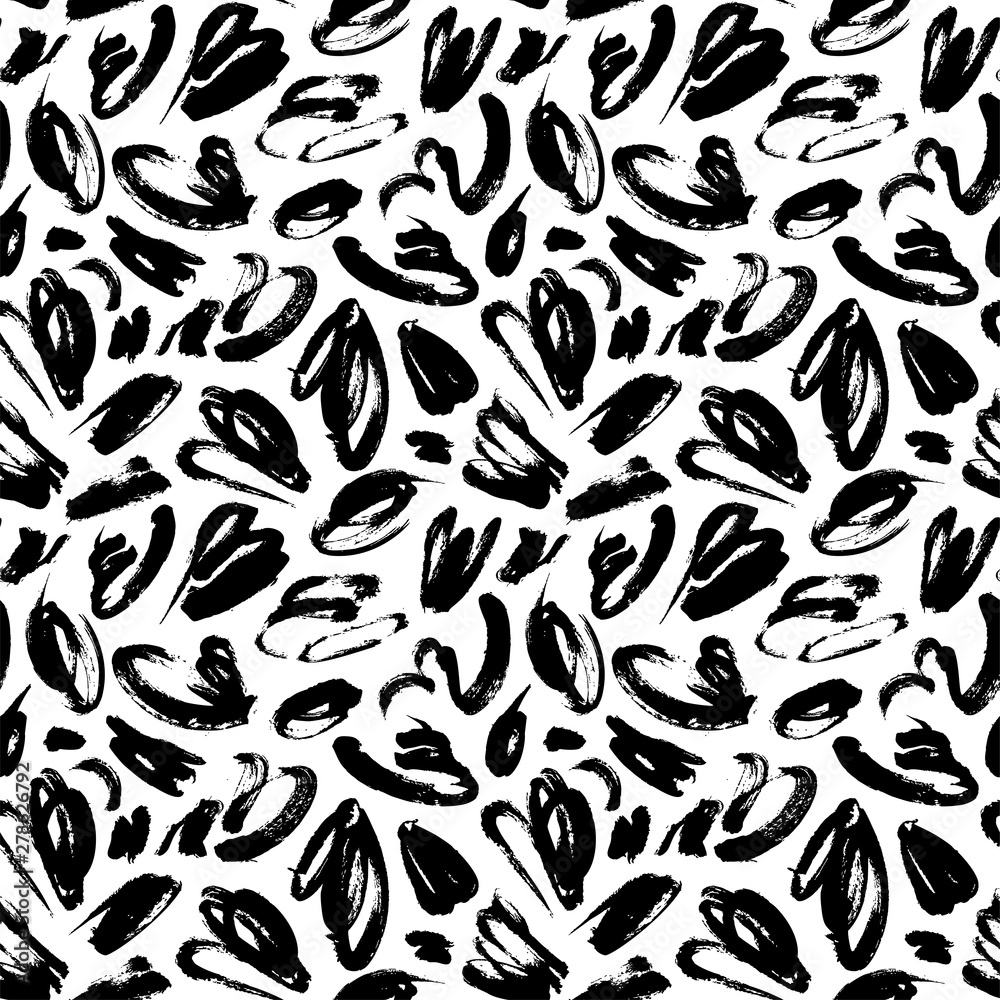 Black paint smears hand drawn seamless pattern. Brushstroke blots, chaotic specks vector illustration.