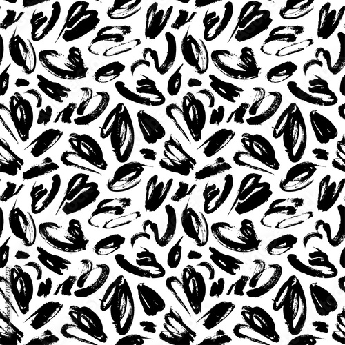 Black paint smears hand drawn seamless pattern. Brushstroke blots  chaotic specks vector illustration.