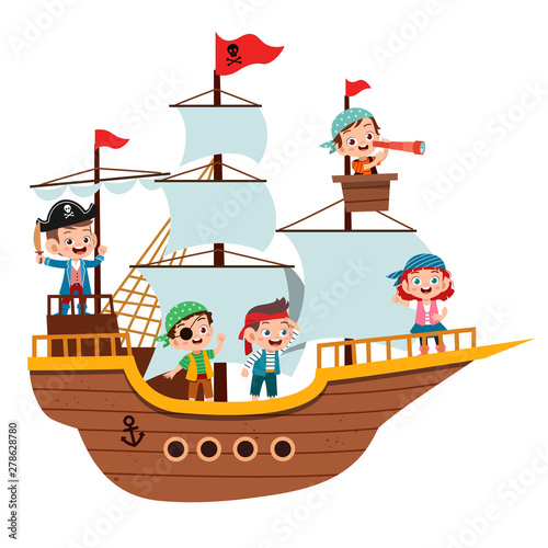 Group of cartoon pirates on a ship at the sea